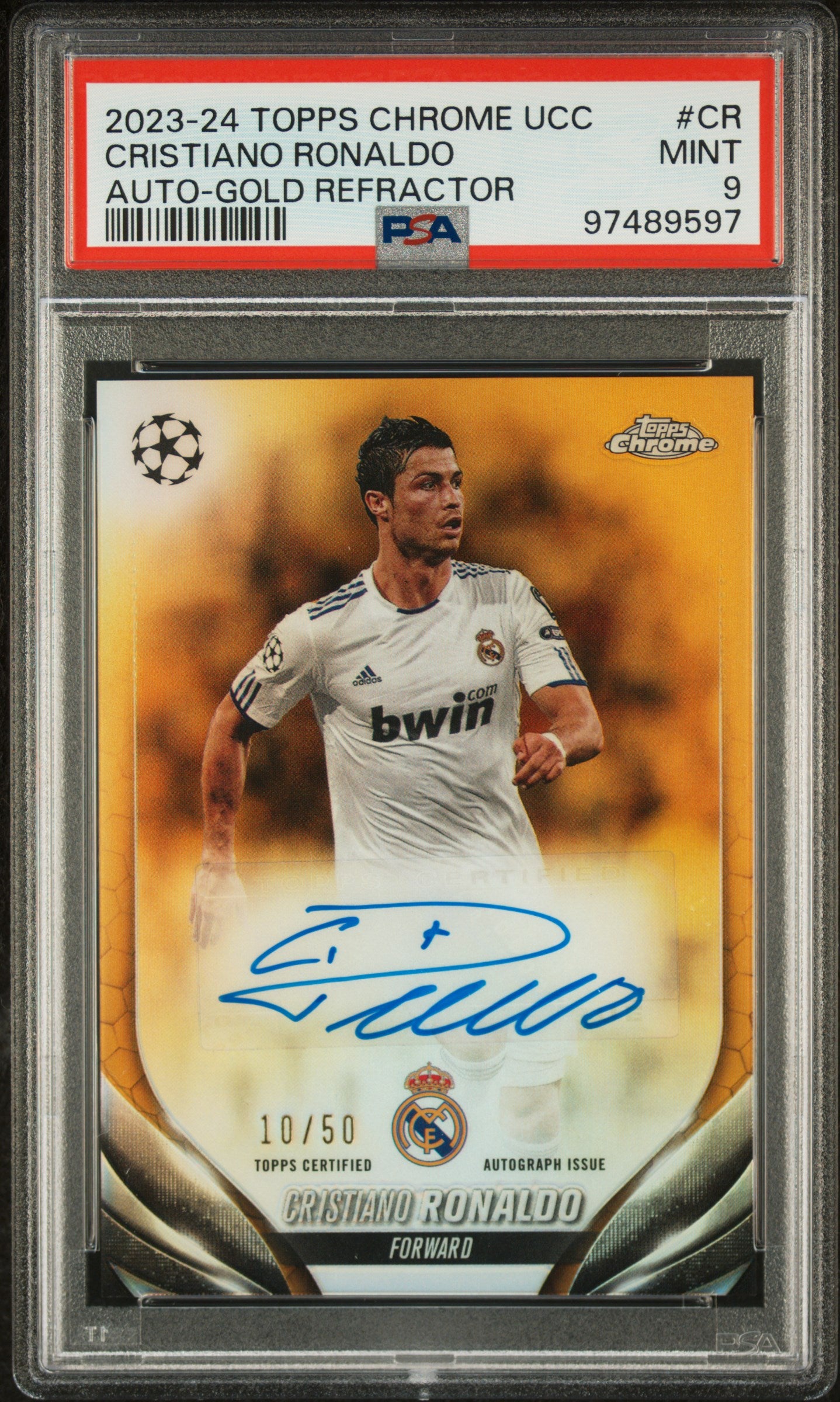 2023-24 Topps Chrome UEFA Club Competitions Chrome Autographs Cristiano  Ronaldo #CR Auto Gold Refractor PSA 9