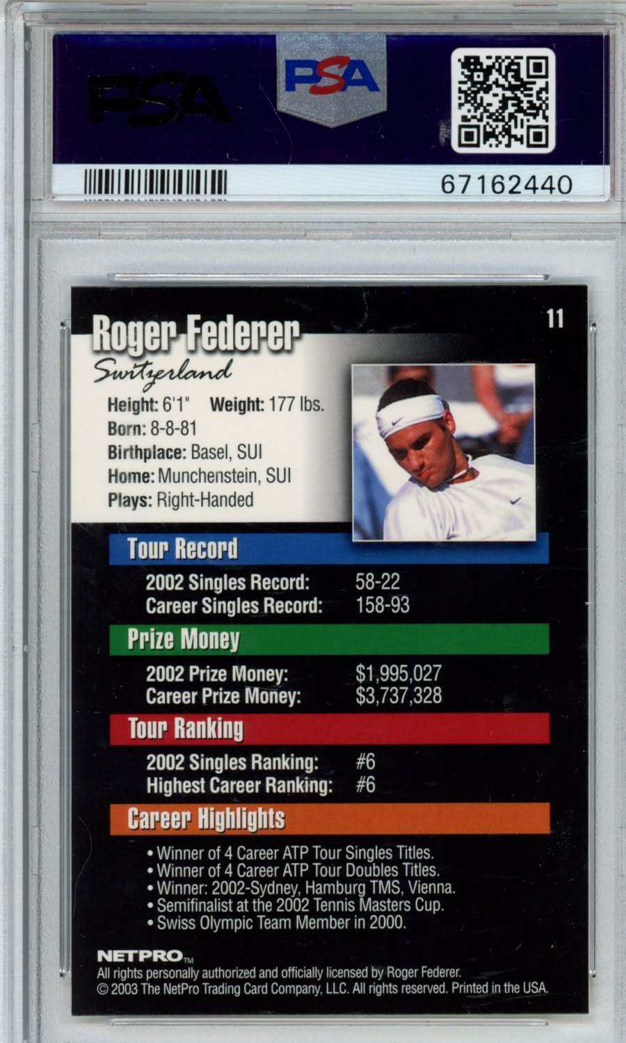 2003 Netpro Roger Federer #11 PSA 10