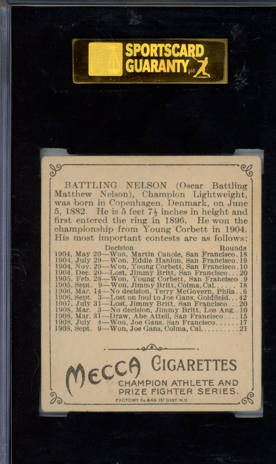 1910 Mecca Cigarettes (T218) Battling Nelson SGC 4