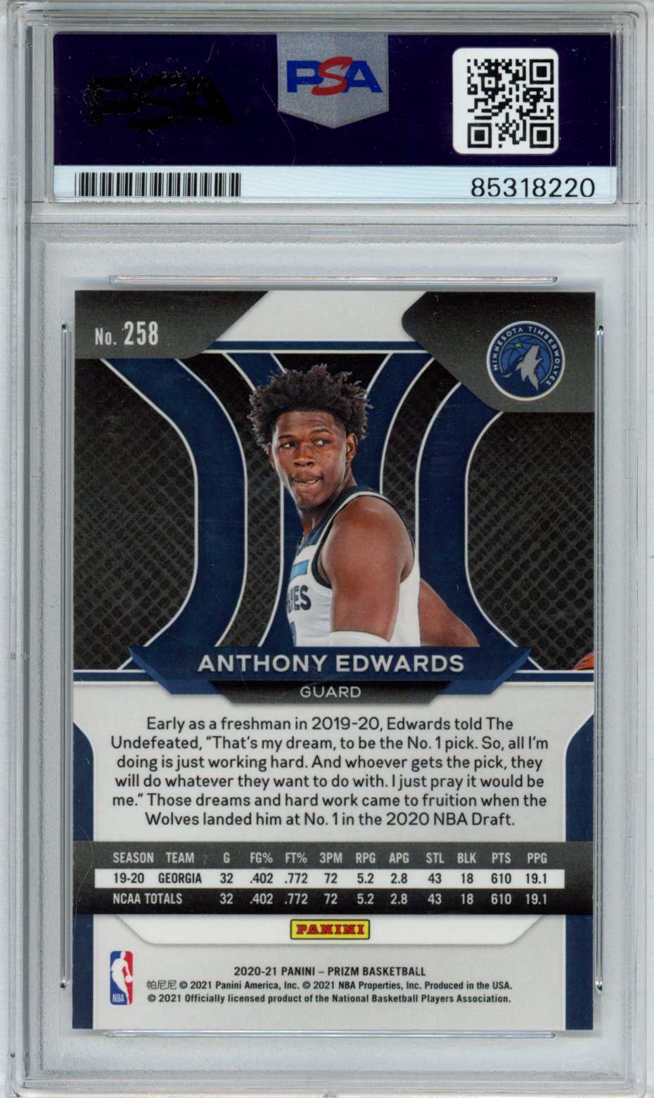 2020-21 PRIZM ANTHONY EDWARDS #258 IP AUTO PSA CERT85318220