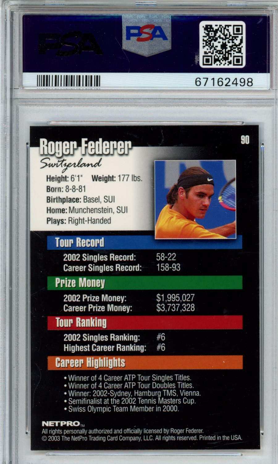 2003 Netpro Roger Federer #90 PSA 10