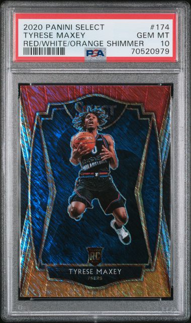 2020 PANINI SELECT TYRESE MAXEY RED/WHITE/ORANGE SHIMMER #174 PSA GEM MT 10