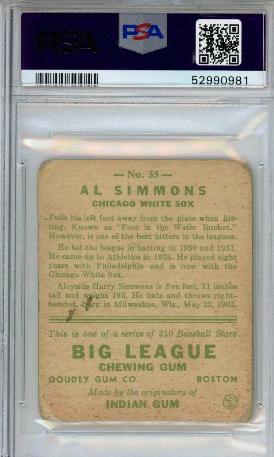 1933 Goudey Al Simmons #35 PSA 1.5