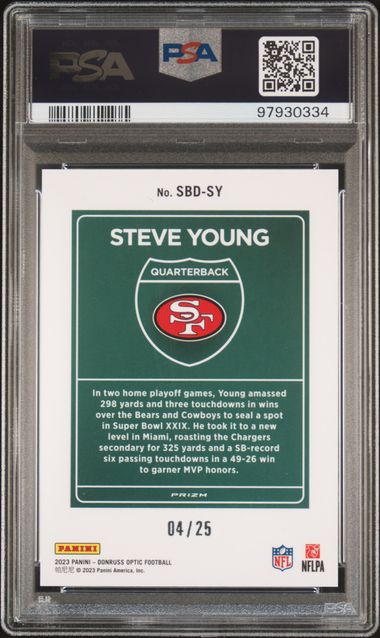 2023 PANINI DONRUSS OPTIC SUPER BOWL DOWNTOWN STEVE YOUNG SB DOWNTOWN-BLK PANDORA #SBDSY PSA GEM MT 10