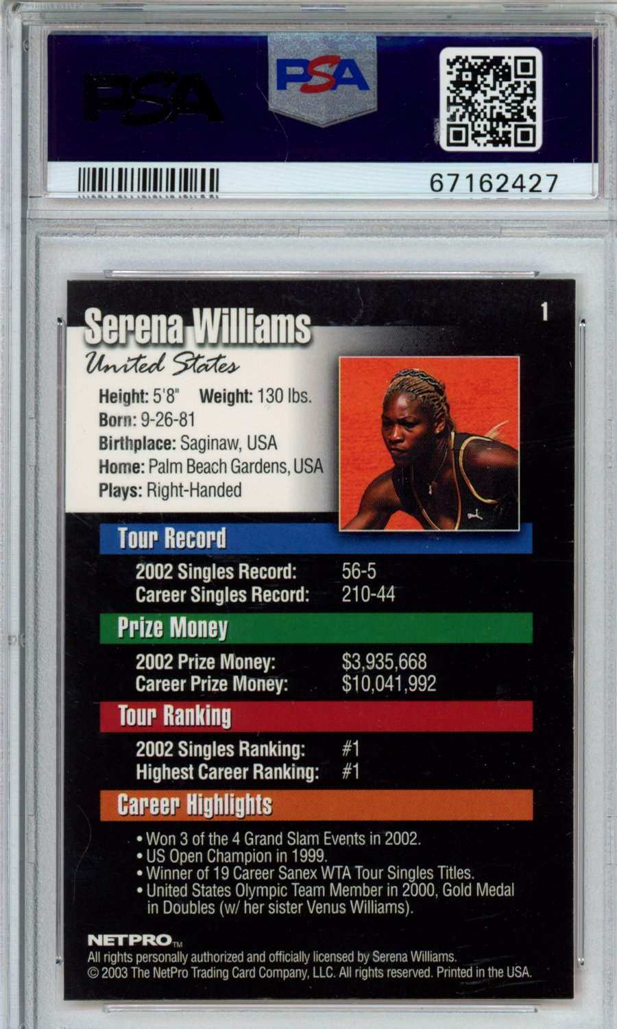 2003 Netpro Serena Williams #1 PSA 9