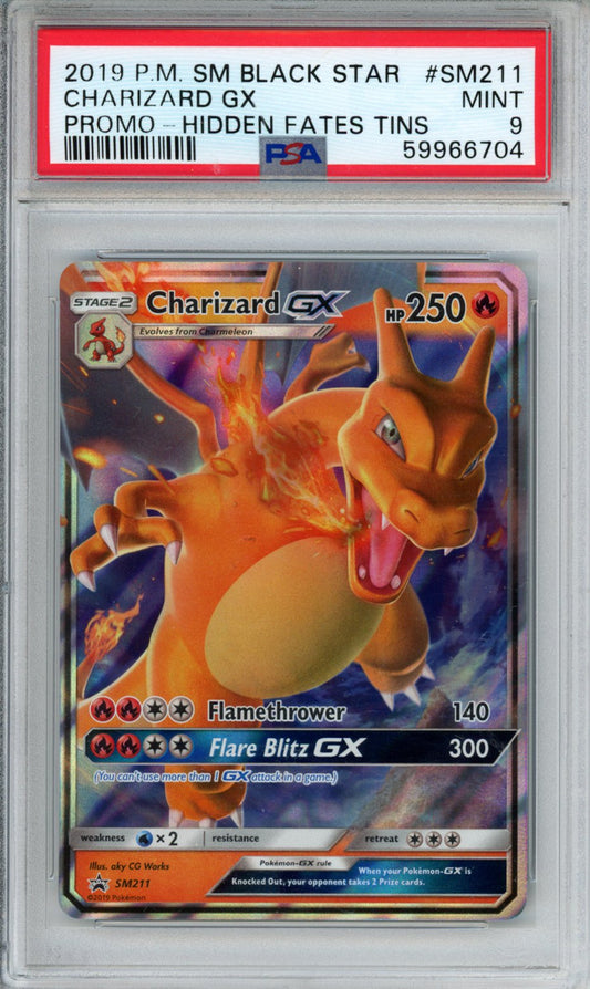 PokéMon TCG Charizard GX #SM211 Promo-Hidden Fates Tins PSA 9