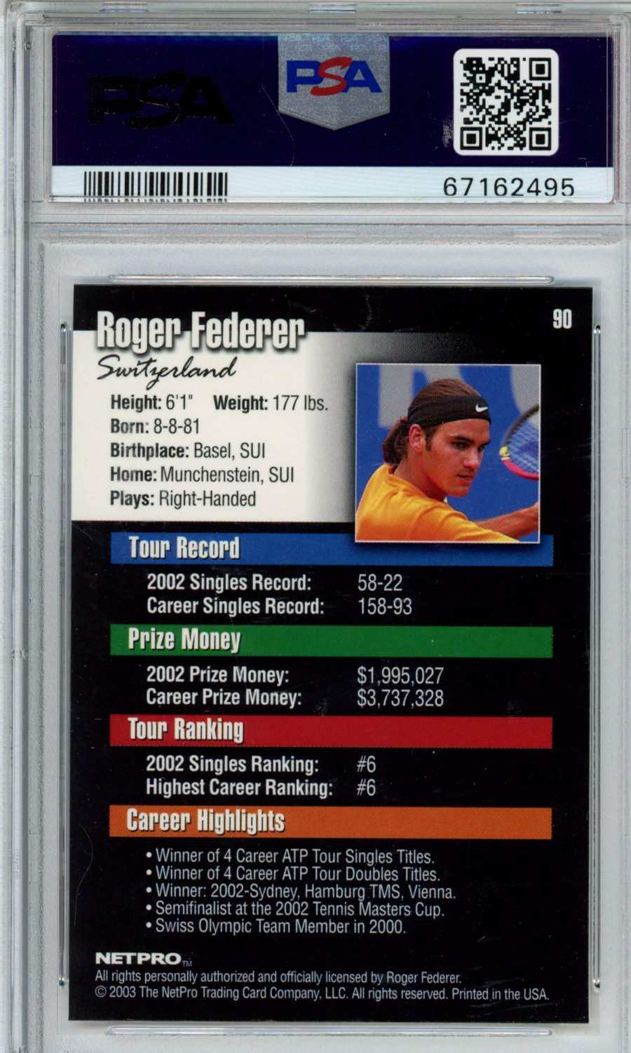 2003 Netpro Roger Federer #90 PSA 9