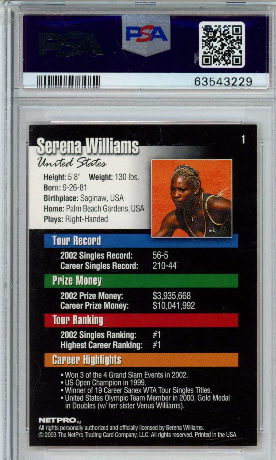 2003 Netpro Serena Williams #1 PSA 9