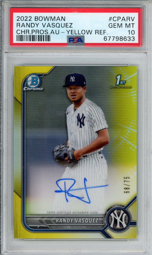 2022 Bowman Chrome Prospect Autographs Randy Vasquez #CPARV CHR. Pros. Au Yellow Refractor PSA 10