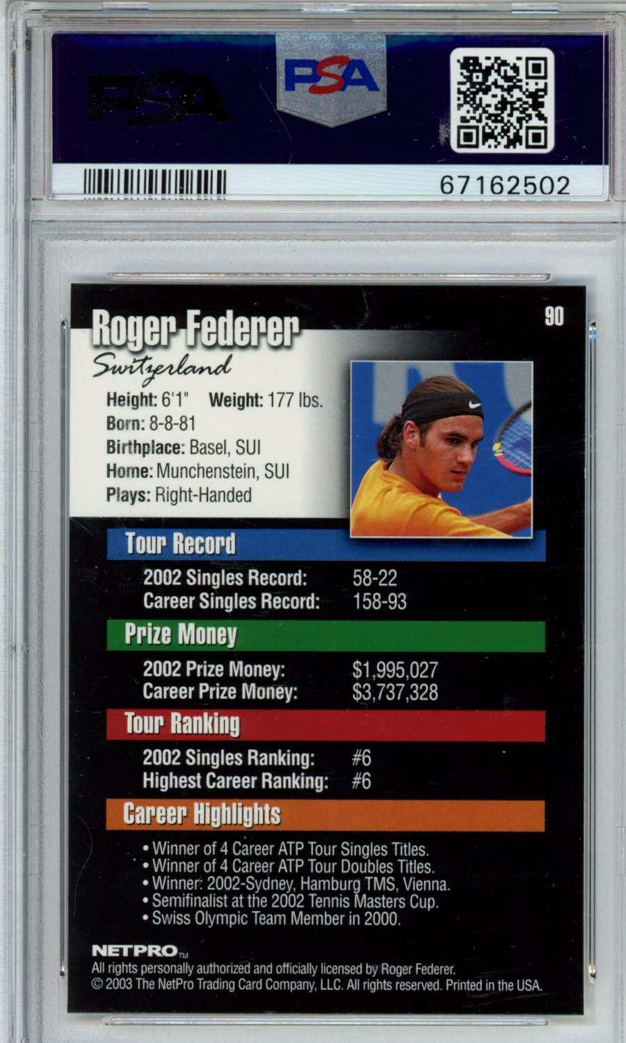 2003 Netpro Roger Federer #90 PSA 10