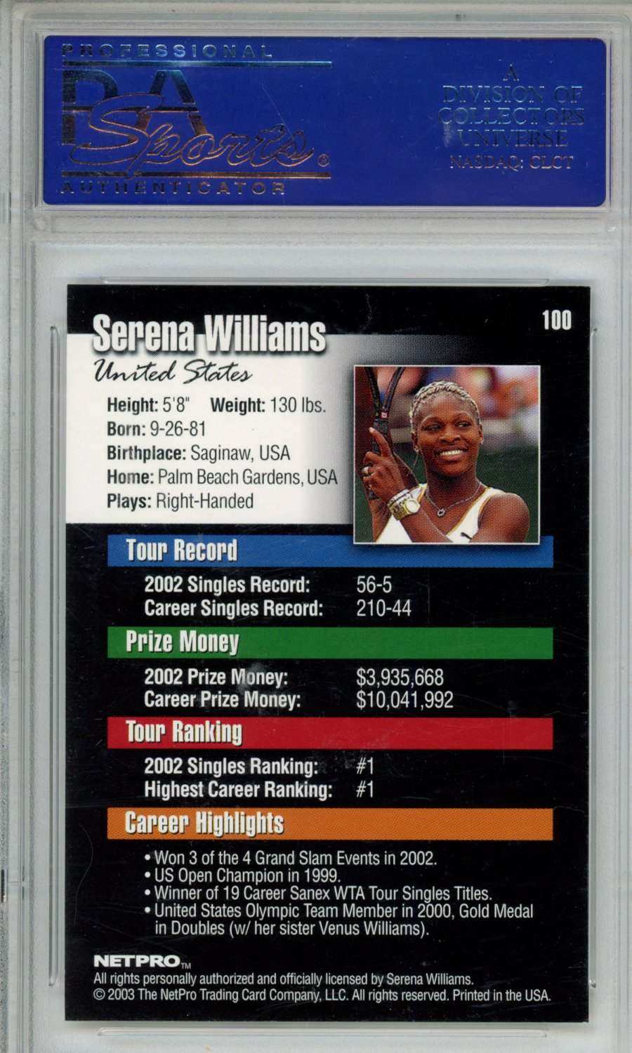 2003 Netpro Serena Williams #100 PSA 10