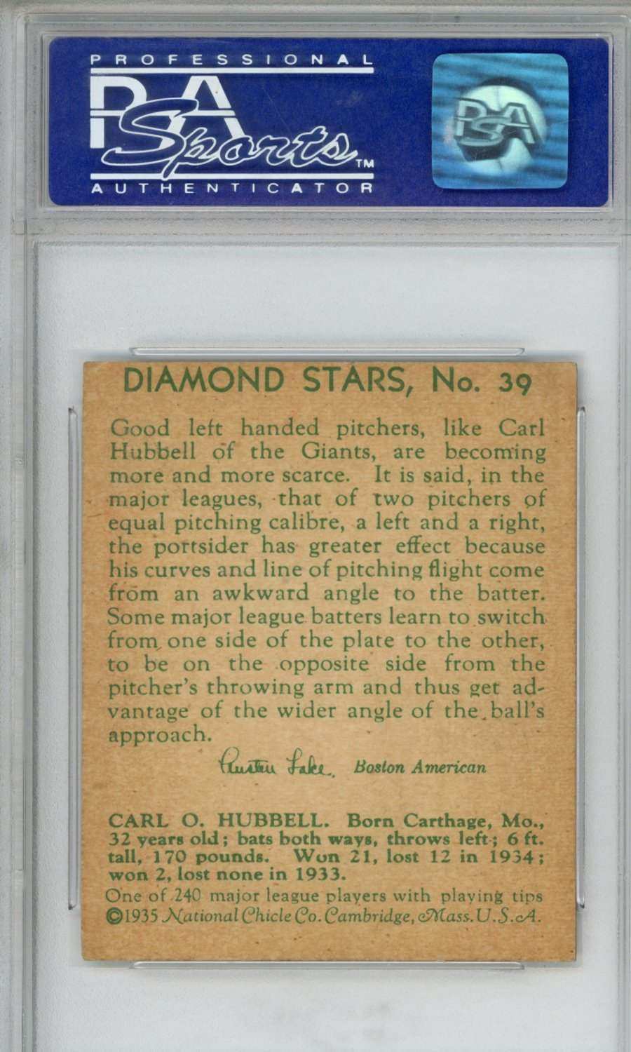 1935 Diamond Stars Carl Hubbell #39 PSA 7