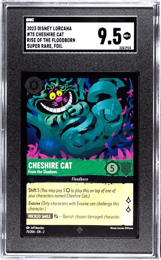 CHESHIRE CAT #75 2023 DISNEY LORCANA RISE OF THE FLOODBORN SUPER RARE FOIL SGC 9.5 MT+