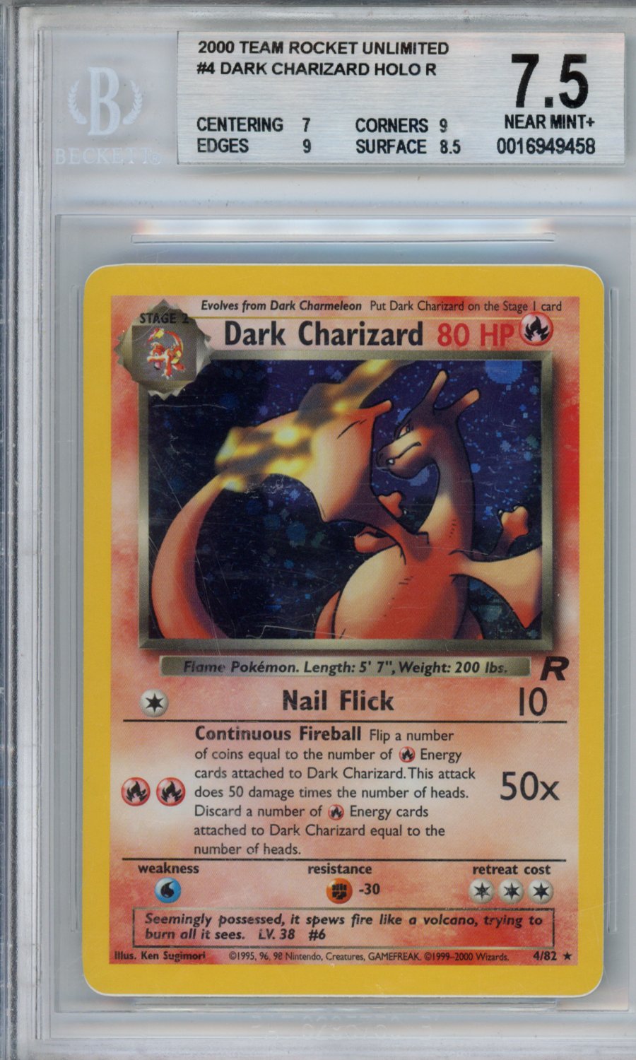 2000 Pokemon Team Rocket Unlimited Dark Charizard HOLO R #4 BGS 7.5