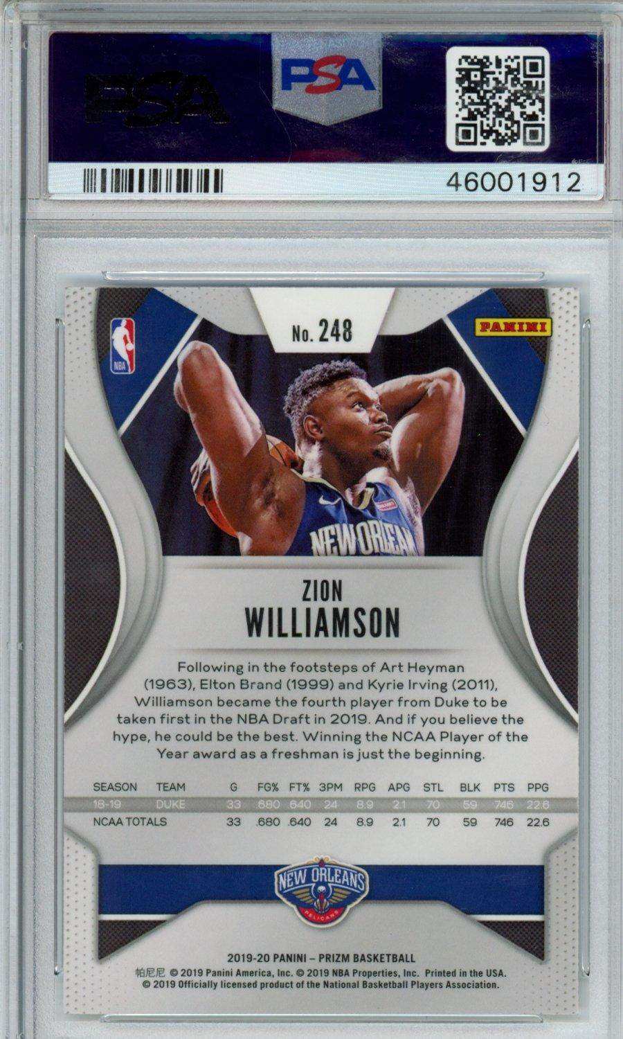 2019 Panini Prizm Zion Williamson #248 PSA 10