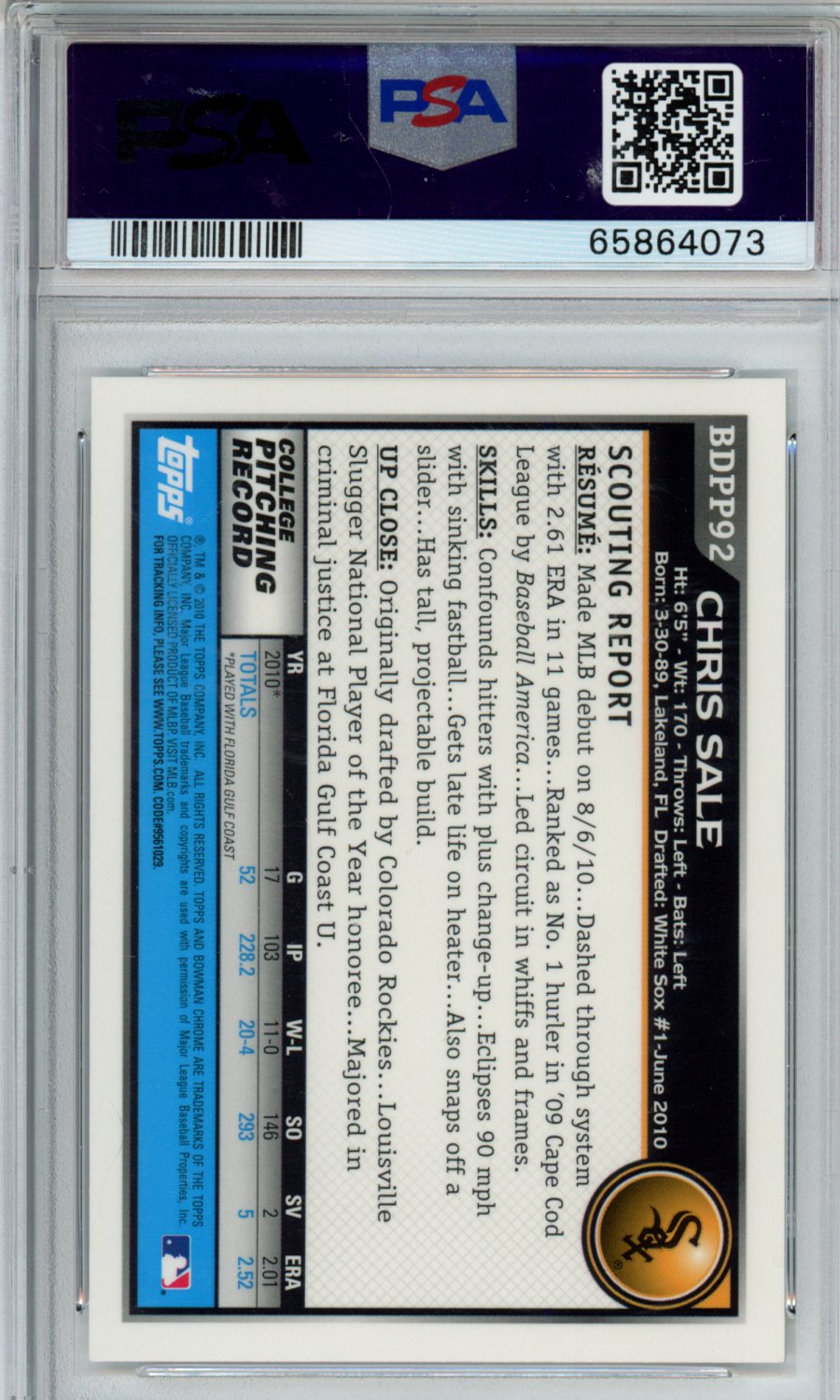 2010 Bowman Chrome Draft Picks & Prospects Chris Sale #BDPP92 DP Pros. Autograph PSA 9