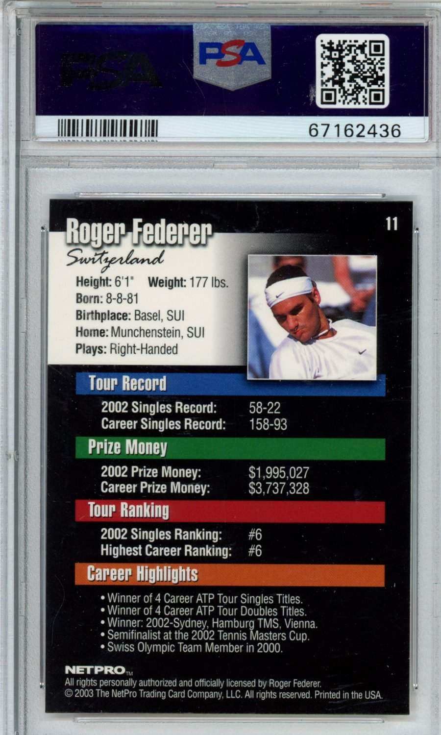 2003 Netpro Roger Federer #11 PSA 9