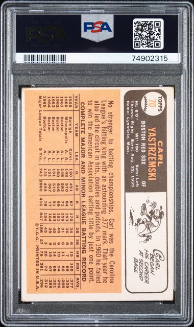 1966 TOPPS CARL YASTRZEMSKI #70 PSA VG 3