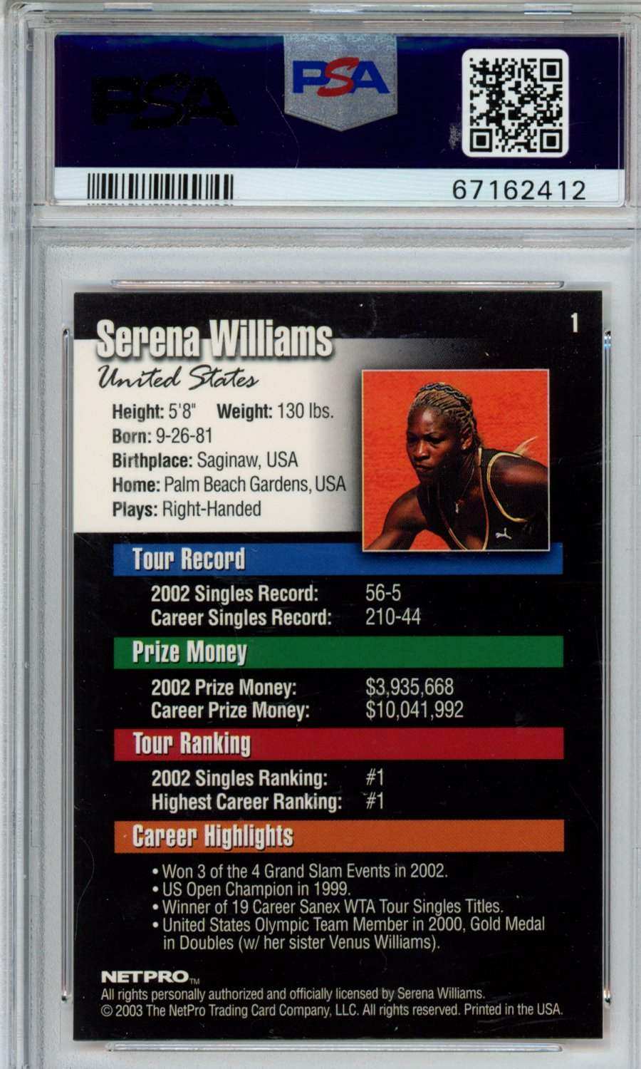 2003 Netpro Serena Williams #1 PSA 10