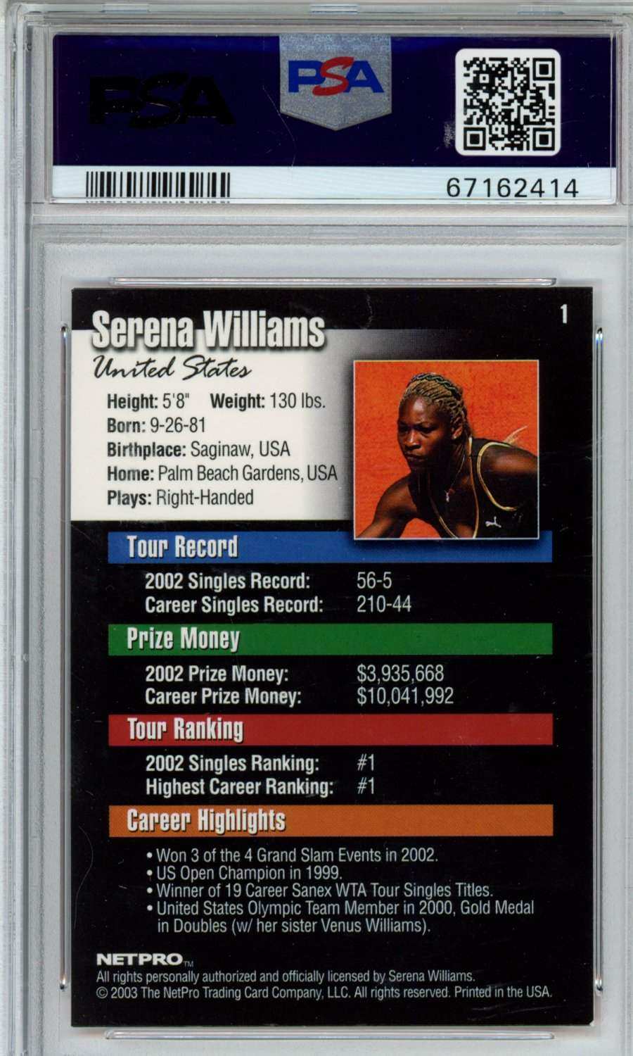 2003 Netpro Serena Williams #1 PSA 8