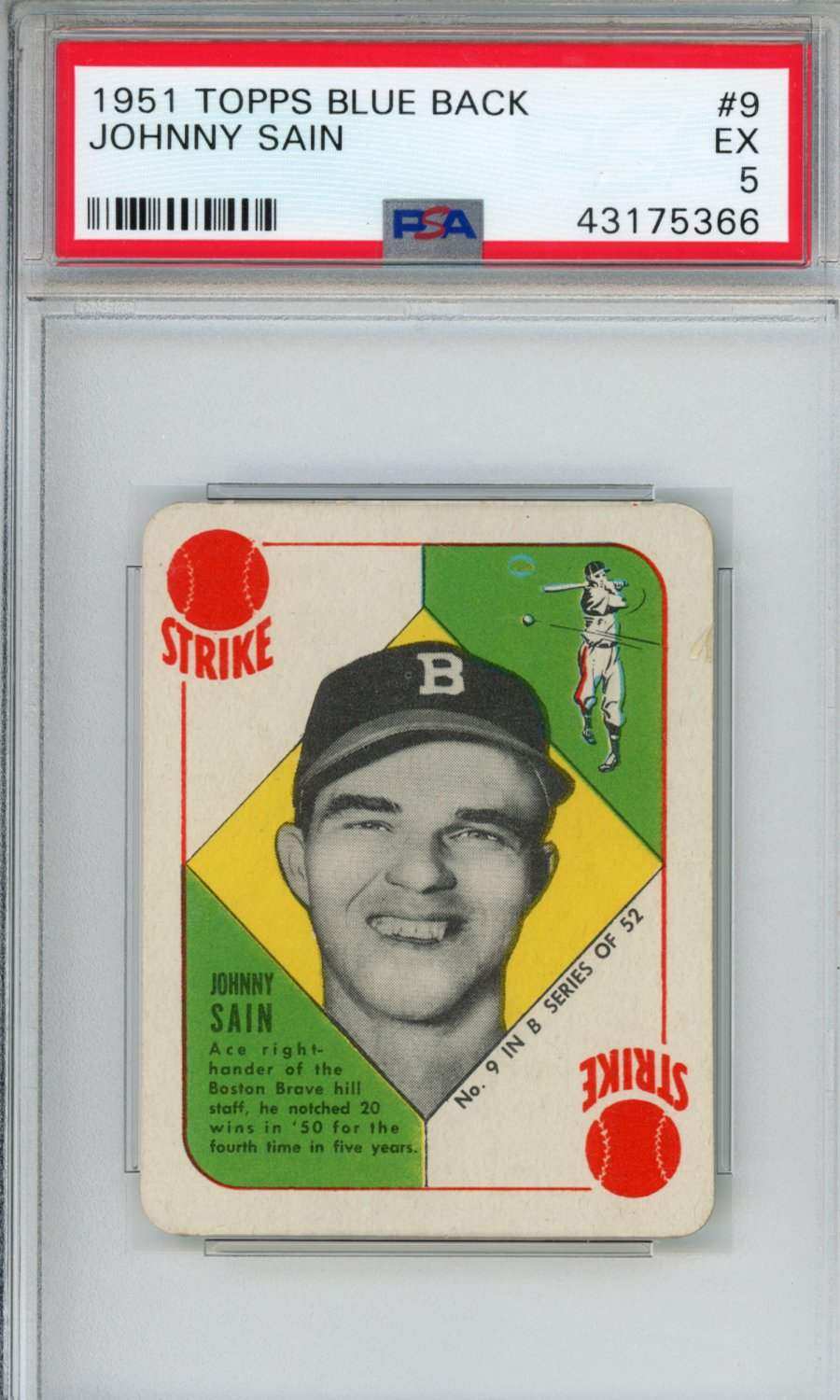 1951 Topps Blue Back Johnny Sain #9 PSA 5