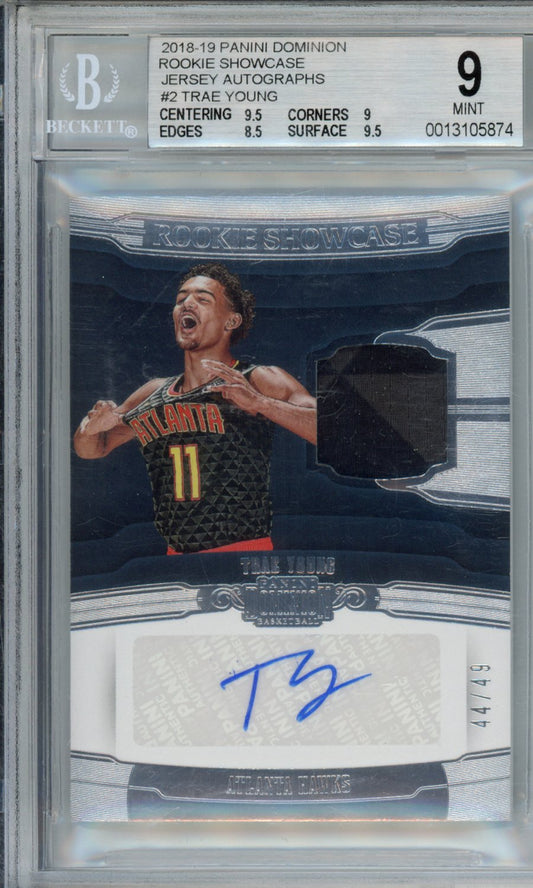 2018-19 Panini Dominion Rookie Showcase Jersey Autographs Trae Young #2 BGS 9 Auto 9