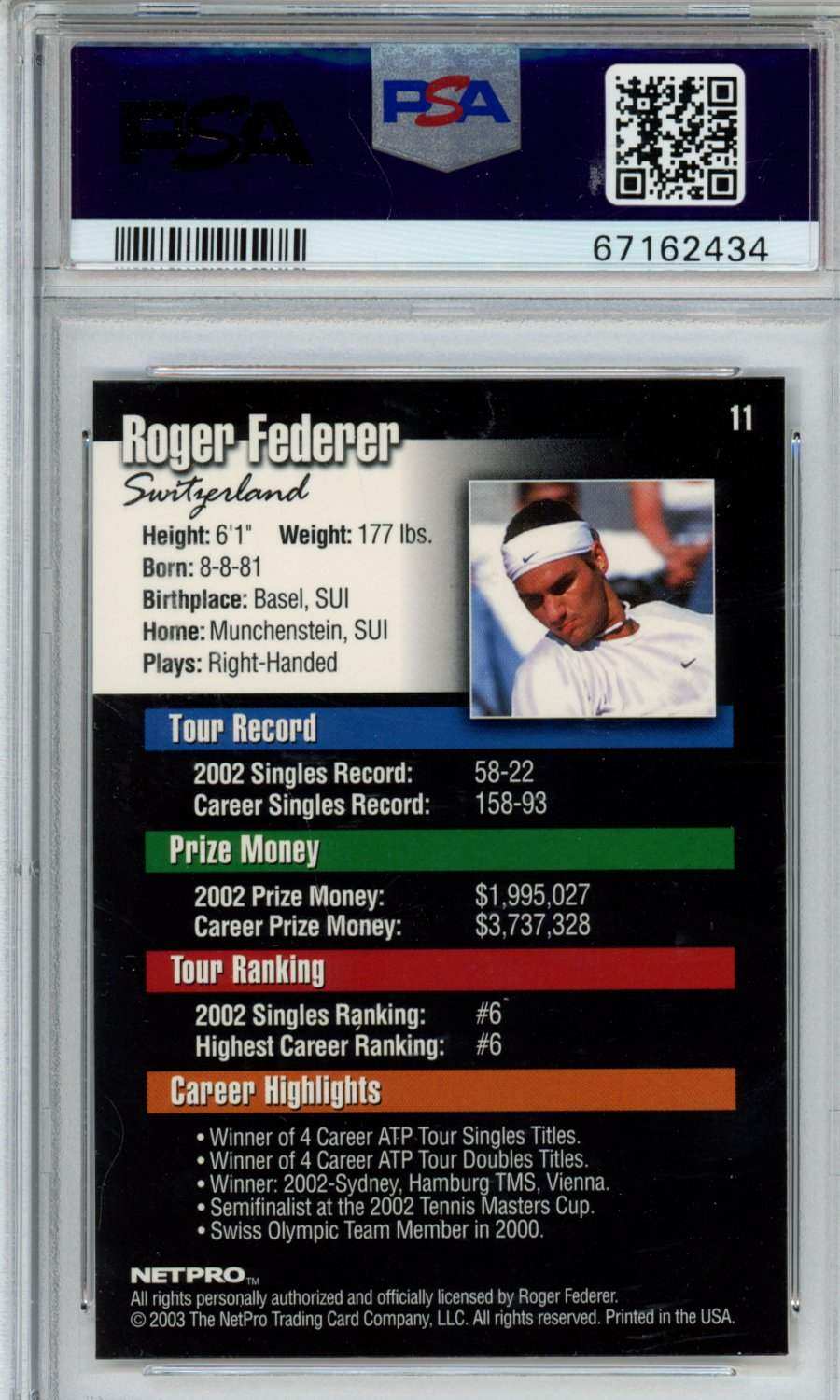 2003 Netpro Roger Federer #11 PSA 10