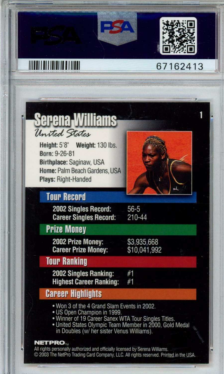 2003 Netpro Serena Williams #1 PSA 10