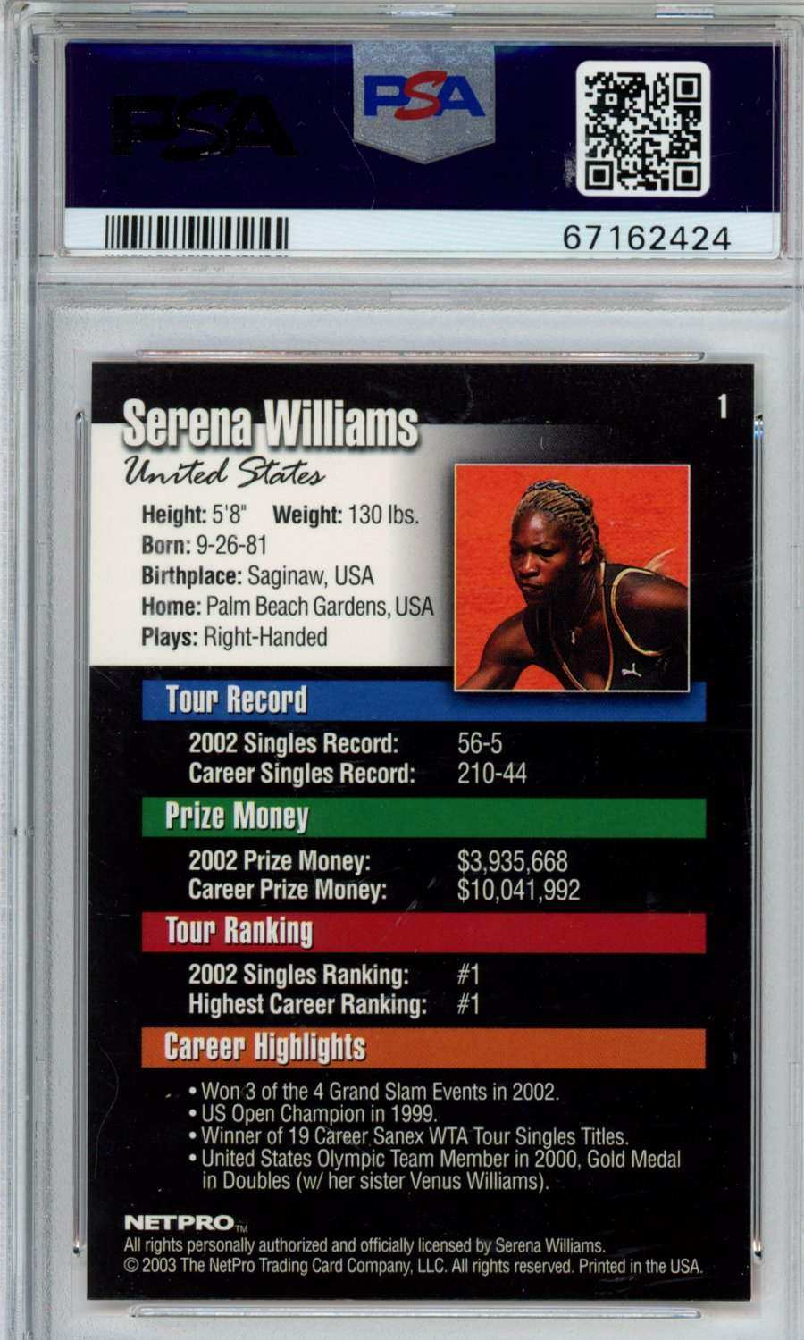 2003 Netpro Serena Williams #1 PSA 10