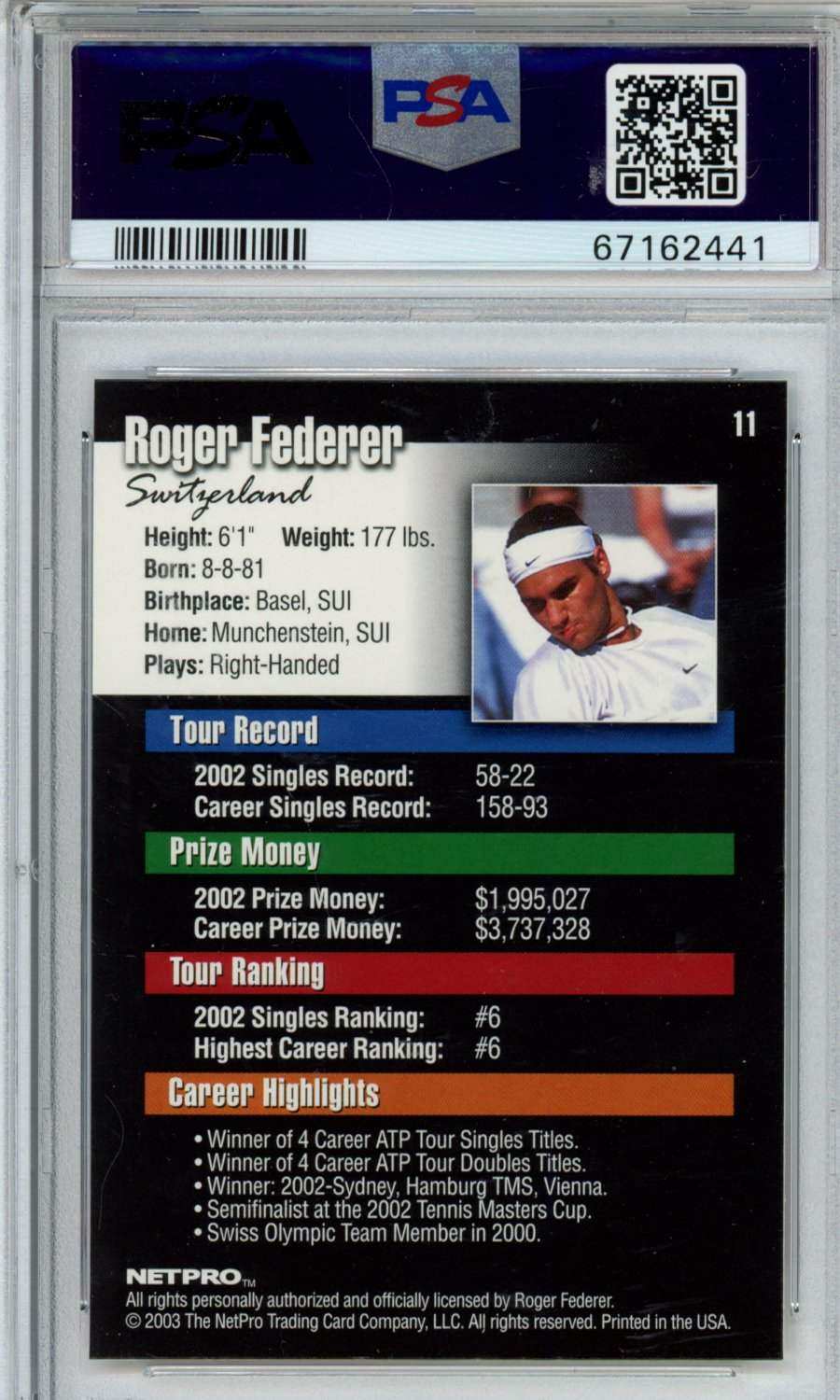 2003 Netpro Roger Federer #11 PSA 10