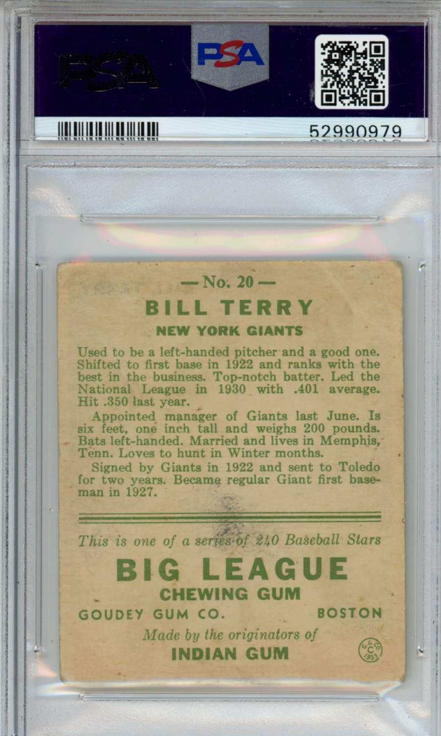 1933 Goudey Bill Terry #20 PSA 1