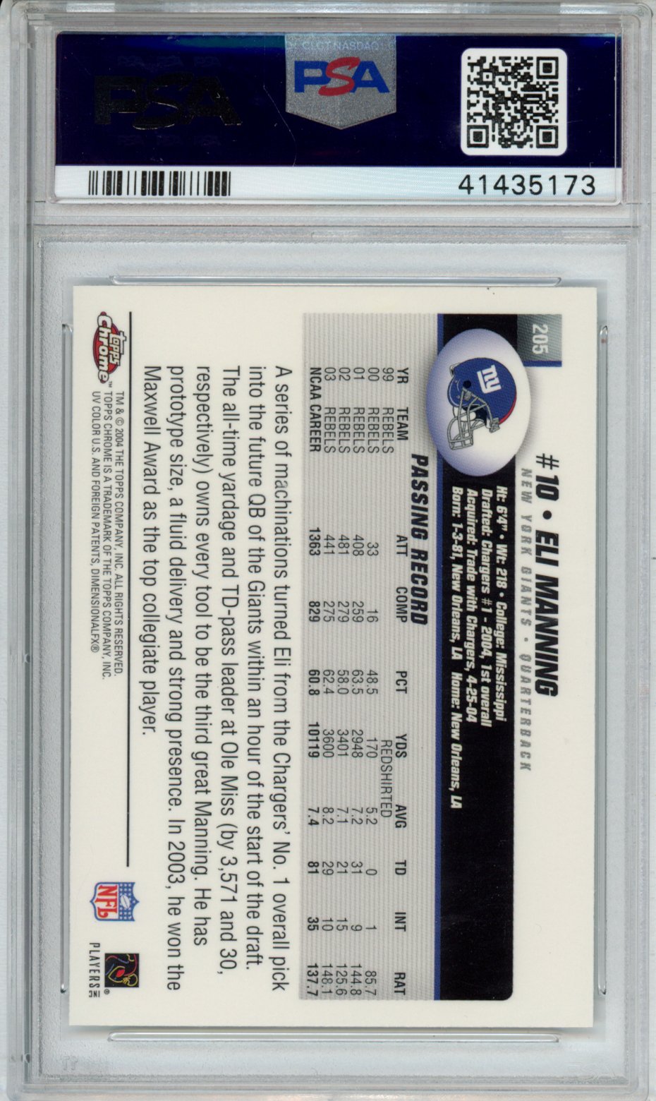 2004 Topps Chrome Eli Manning #205 PSA 9