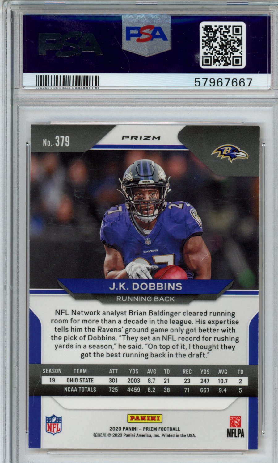 2020 Panini Prizm J. K. Dobbins #379 Lazer PSA 10