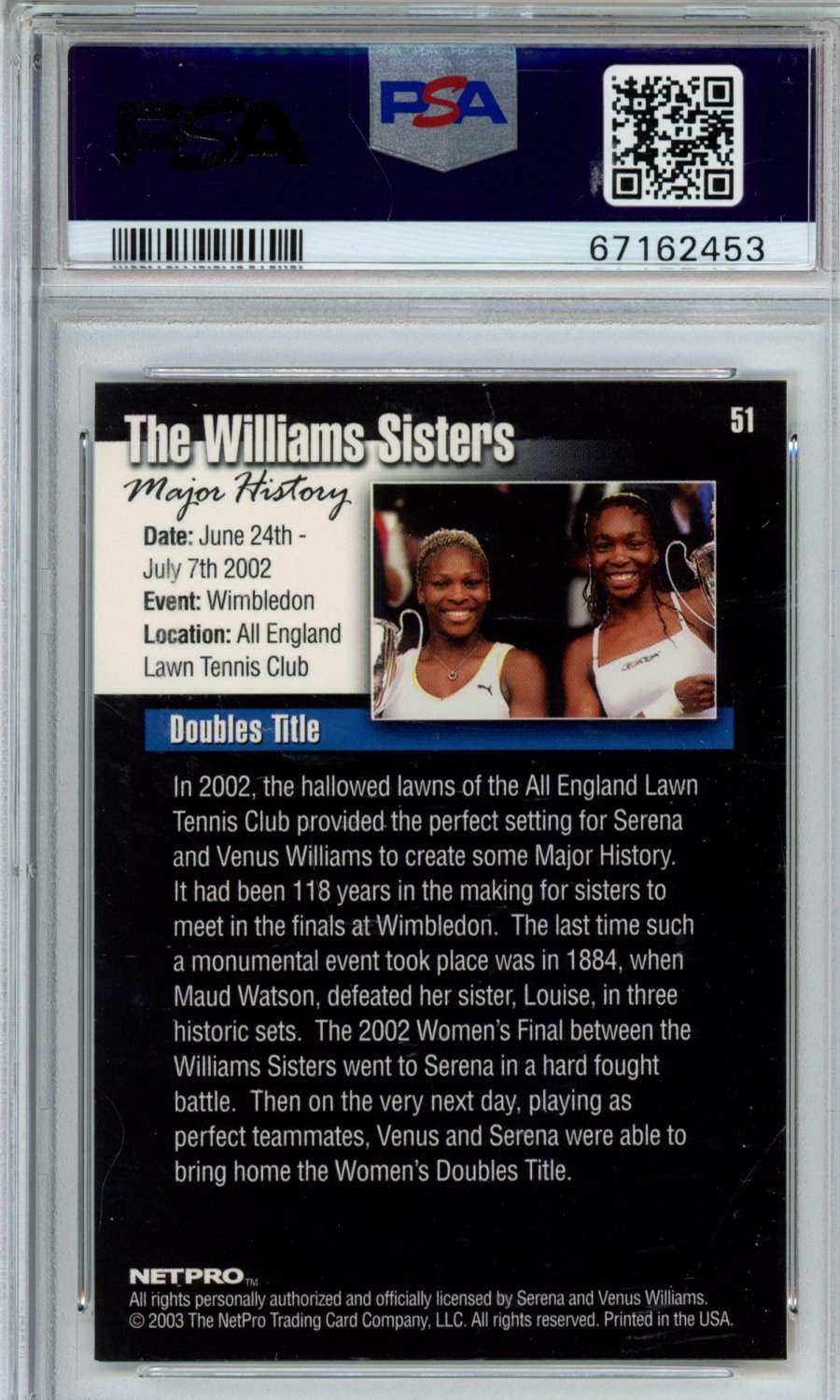 2003 Netpro Williams Sisters #51 PSA 9