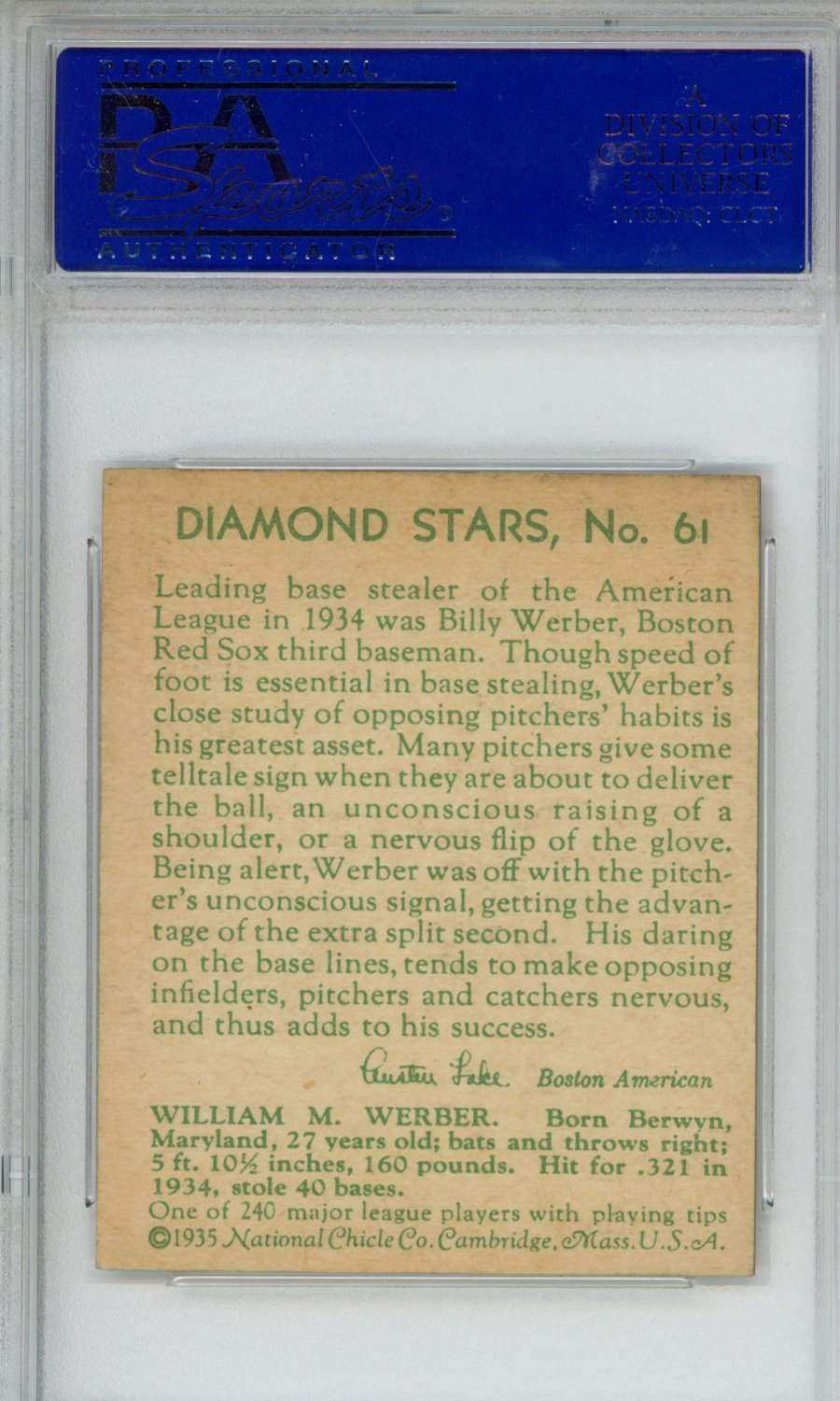 1935 Diamond Stars Billy Werber #61 PSA 7