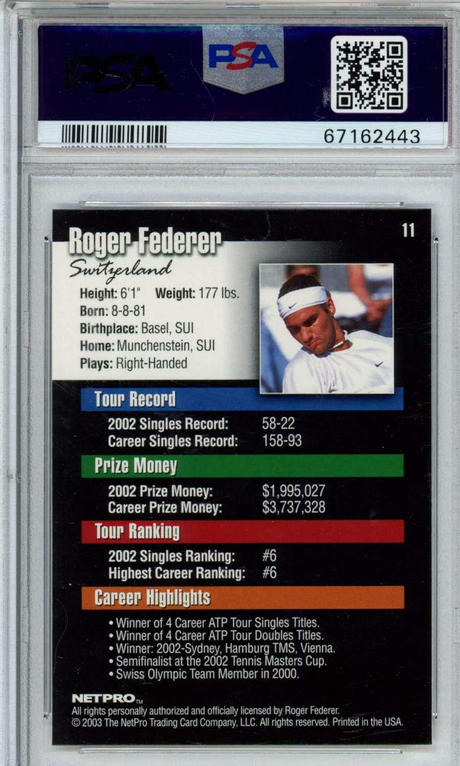 2003 Netpro Roger Federer #11 PSA 10