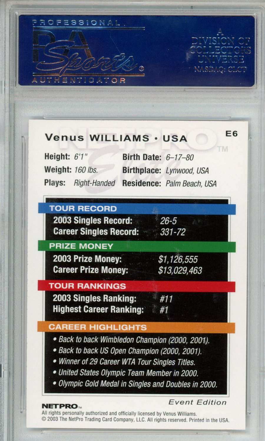 2003 Netpro Elite Venus Williams #E6 Event Edition PSA 10