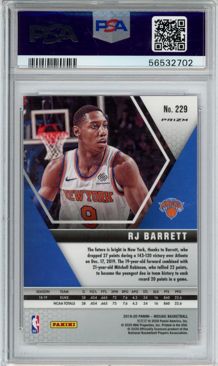 2019 Panini Mosaic RJ Barrett #229 Pink Camo PSA 10