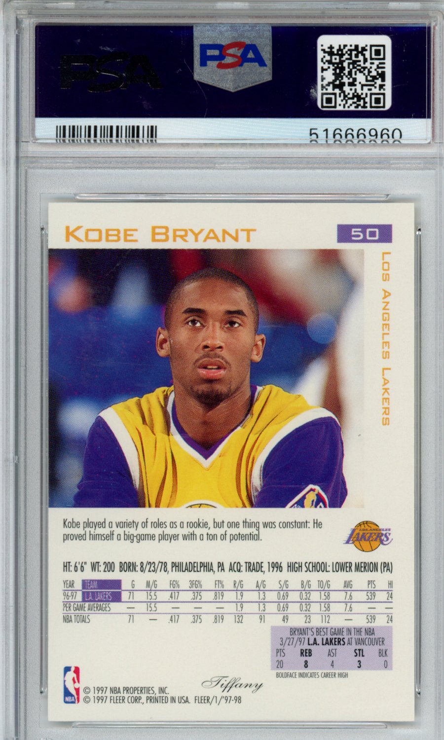 1997 Fleer Kobe Bryant #50 Tiffany PSA 9