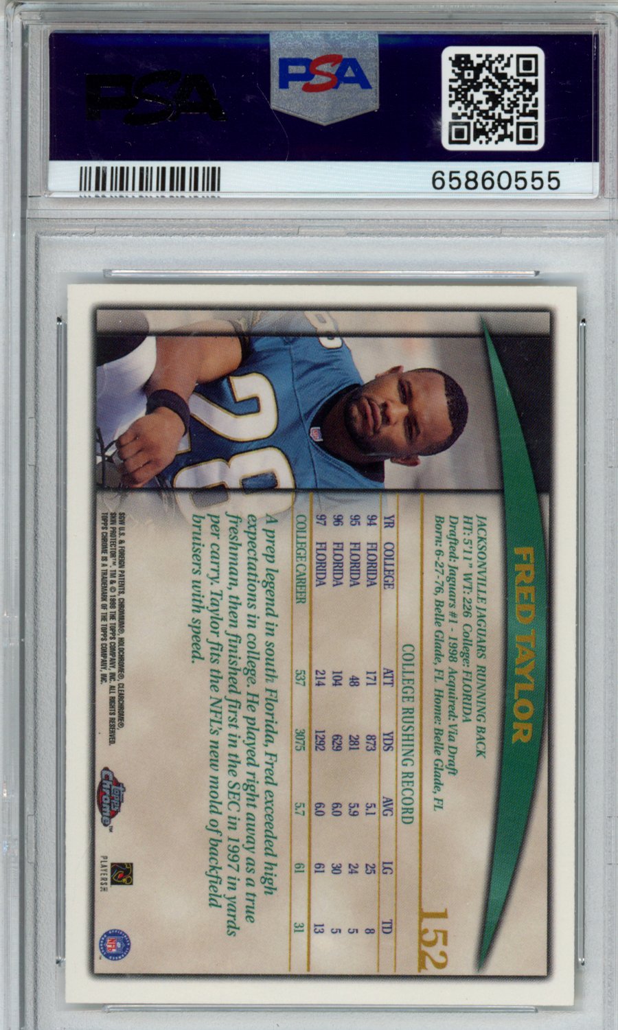 1998 TOPPS CHROME FRED TAYLOR PSA AUTHENTIC/10 AUTO 65860555