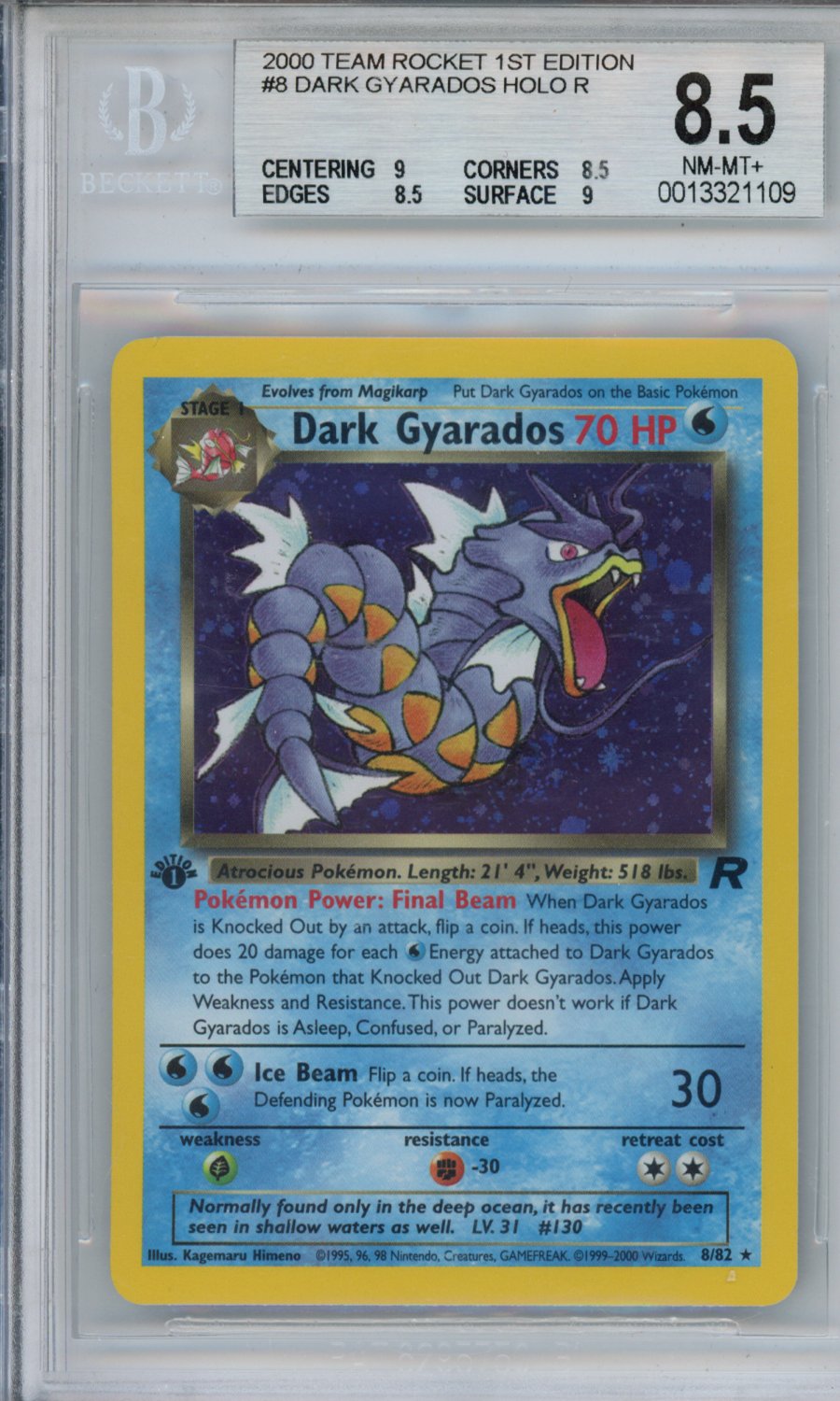 2000 Pokemon Team Rocket 1st Edition Dark Gyarados HOLO R #8 BGS 8.5