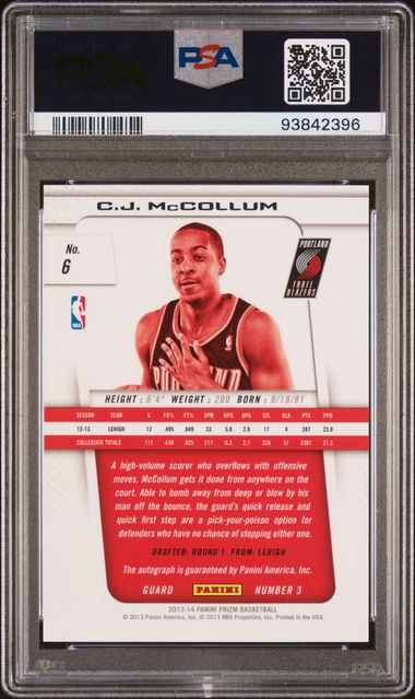 2013 PANINI PRIZM AUTOGRAPH C.J. McCOLLUM AUTOGRAPH #6 PSA MINT 9