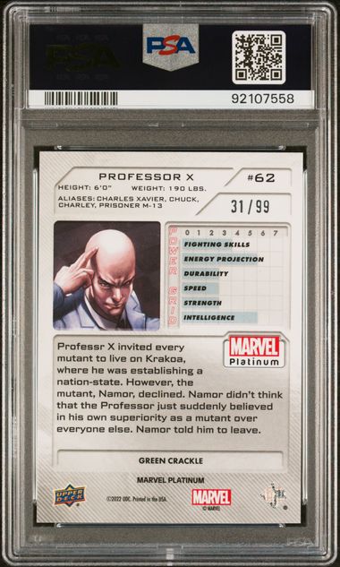 2023 UPPER DECK MARVEL PLATINUM PROFESSOR X GREEN CRACKLE #62 PSA GEM MT 10