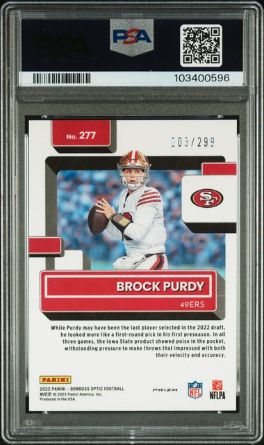 2022 PANINI DONRUSS OPTIC BROCK PURDY AQUA #277 PSA GEM MT 10