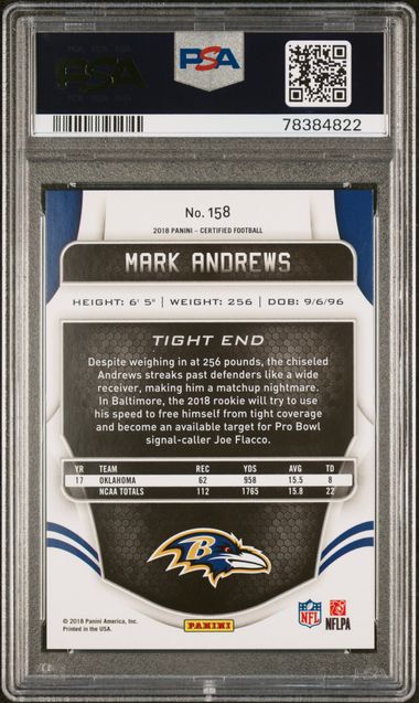 2018 PANINI CERTIFIED MARK ANDREWS #158 PSA GEM MT 10