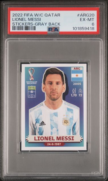 2022 PANINI FIFA WORLD CUP QATAR STICKERS LIONEL MESSI STICKERS-GRAY BACK #ARG20 PSA EX-MT 6