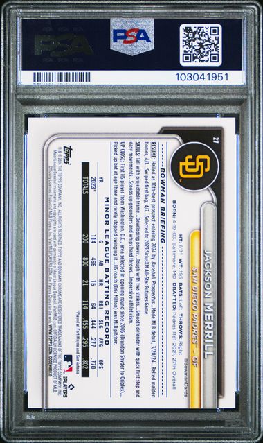 2024 BOWMAN CHROME SAPPHIRE EDITION JACKSON MERRILL IMAGE VARIATION #27 PSA GEM MT 10