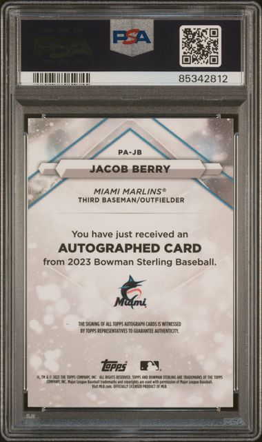 2023 BOWMAN STERLING PROSPECT AUTOGRAPHS JACOB BERRY PROSPECT AUTO-ORANGE REF #PAJB PSA GEM MT 10