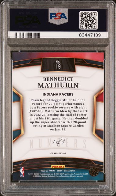 2022 PANINI SELECT SELECT NUMBERS BENNEDICT MATHURIN SELECT NUMBERS-BLACK 1/1 #19 PSA MINT 9