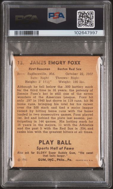 1941 PLAY BALL JIMMIE FOXX #13 PSA EX 5